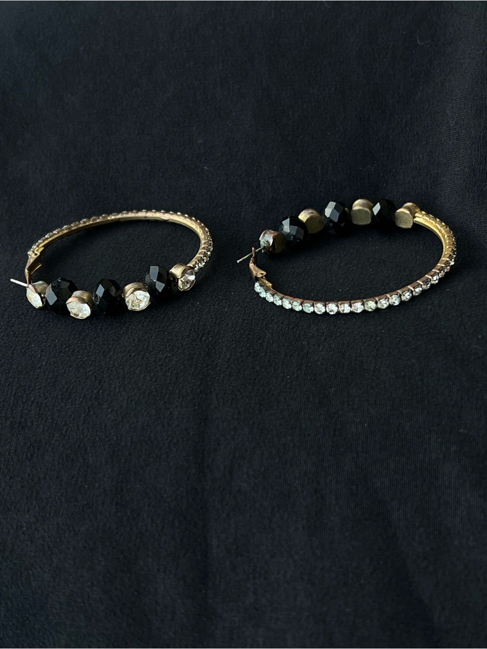 Gold Hoop Earrings with Black Beads and Clear Crystal Accents